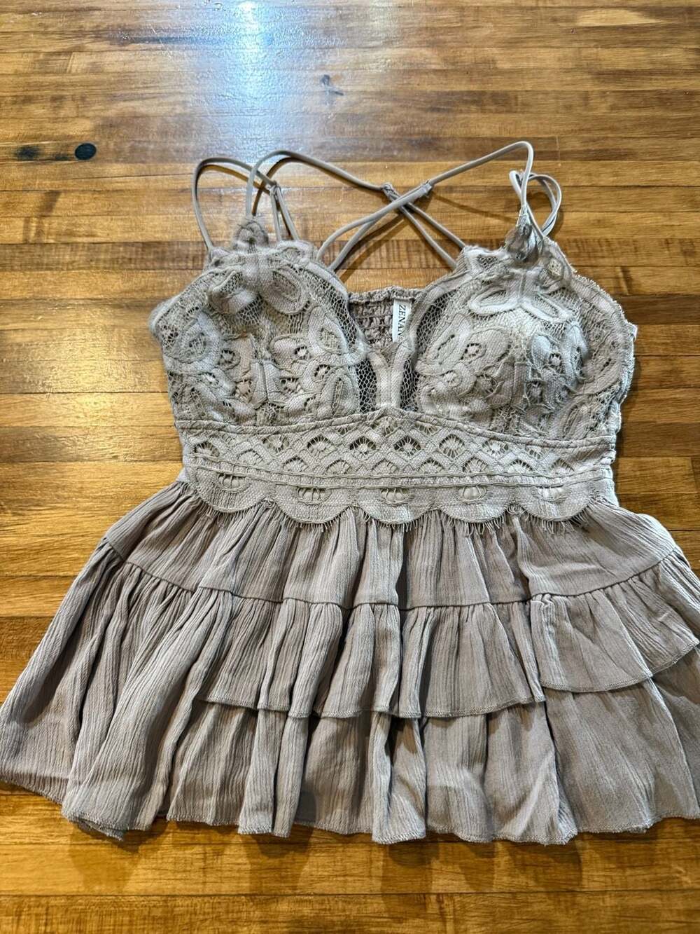 Zenana Lace Ruffled Tank Top in Taupe, Size L (v1)